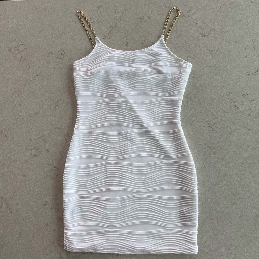 SHEIN White Textured Bodycon Mini Dress with Gold-Tone Chain Straps